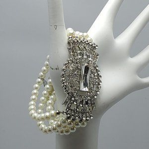 ALI KHAN bridal vintage look 5 row clear rhinestone crystal & white pear…